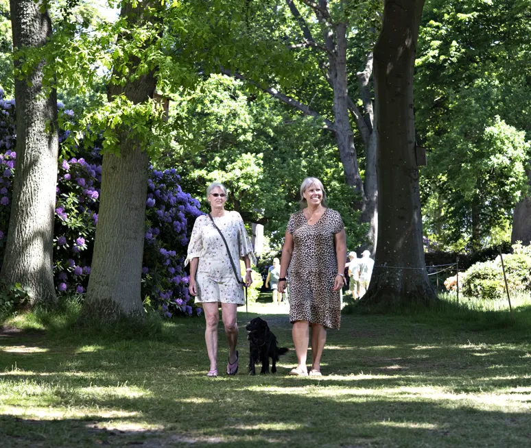 To personer gaar tur med en hund.